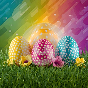 Pop art Easter background vibrant colors, grass, flowers, eggs