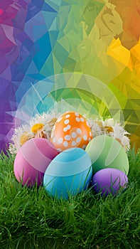 Pop art Easter background vibrant colors, grass, flowers, eggs