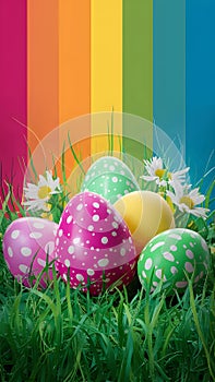 Pop art Easter background vibrant colors, grass, flowers, eggs