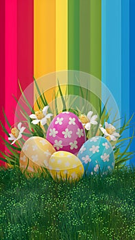 Pop art Easter background vibrant colors, grass, flowers, eggs
