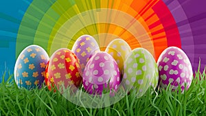 Pop art Easter background vibrant colors, grass, flowers, eggs