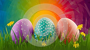 Pop art Easter background vibrant colors, grass, flowers, eggs