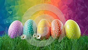 Pop art Easter background vibrant colors, grass, flowers, eggs