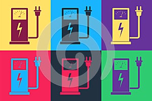 Pop art Electric car charging station icon isolated on color background. Eco electric fuel pump sign. Vector