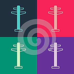 Pop art Electric tower used to support an overhead power line icon isolated on color background. High voltage power pole