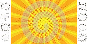 Pop art elements set - comic speech bubbles and sunburst background. Empty dialog clouds and retro radial halftone background.