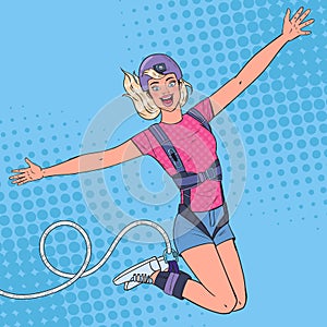 Pop Art Excited Beautiful Woman Jumping Bungee. Extreme Sports. Happy Girl Ropejumping
