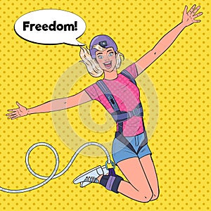 Pop Art Excited Beautiful Woman Jumping Bungee. Extreme Sports. Happy Girl Ropejumping