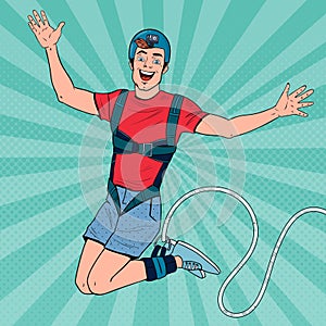 Pop Art Excited Man Jumping Bungee. Extreme Sports. Happy Guy Ropejumping