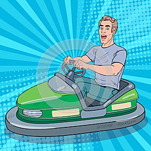 Pop Art Excited Man Riding Bumber Car at Fun Fair. Guy in Electric Car at Amusement Park