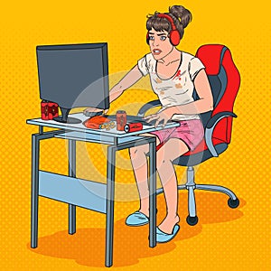 Pop Art Exhausted Young Woman Playing Video Games. Computer Addicted Girl