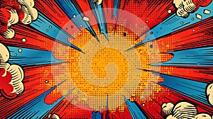Pop art explosion graphic with yellow center, white clouds and blue radial lines against halftone red backdrop. Comic
