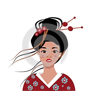 Pop art face of an oriental lady. A young beautiful Japanese woman in a kimono, with red lips, with a high hairdo