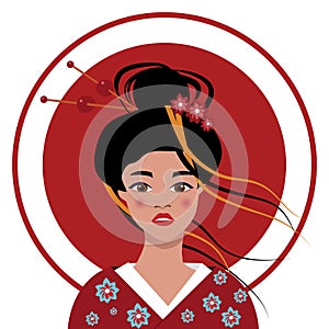 Pop art face of an oriental lady. A young beautiful Japanese woman in a kimono, with red lips, with a high hairdo