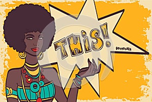 THIS, pop art face. Wonderful african woman with speech bubble. Vector colorful background in pop art retro comic