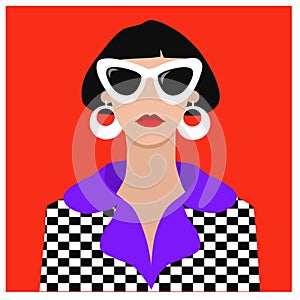 Pop art, fashion, color, girl in sunglasses. Beautiful pop art flat girl in 60s style.