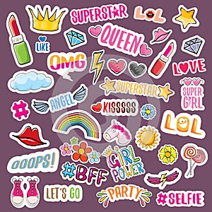 Pop art fashion girls patchs, color stickers, badges and funky labels set isolated on violet background. Social media