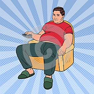 Pop Art Fat Man Watching TV with Remote Controller. Unhealthy Food