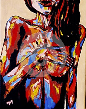Pop art female breast, hand. Painting for men.