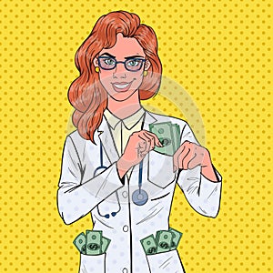 Pop Art Female Corrupt Doctor Put Money into Pocket. Corruption Concept