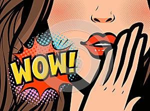 Pop art female face. Closeup of sexy young woman. WOW, vector illustration