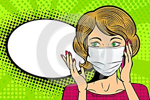 Pop art female face in medical mask talk on mobile phone. Female face with speech bubble.