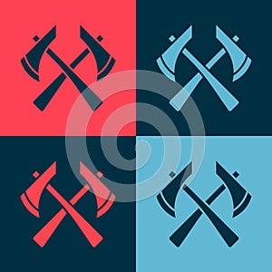 Pop art Firefighter axe icon isolated on color background. Fire axe. Vector