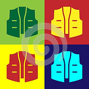Pop art Fishing jacket icon isolated on color background. Fishing vest. Vector