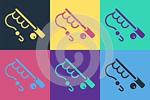 Pop art Fishing rod icon isolated on color background. Fishing equipment and fish farming topics. Vector