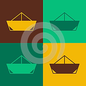 Pop art Folded paper boat icon isolated on color background. Origami paper ship. Vector