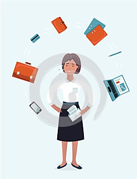 Pop Art Frustrated Stressed Business Woman Screaming at Multi Tasking Office Work. Vector illustration