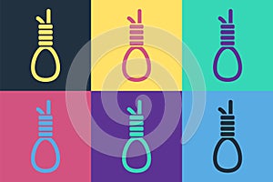 Pop art Gallows rope loop hanging icon isolated on color background. Rope tied into noose. Suicide, hanging or lynching