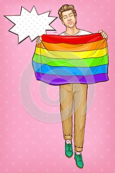 Pop art gay with lgbt rainbow flag, Homosexual man