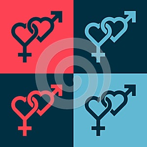 Pop art Gender icon isolated on color background. Symbols of men and women. Sex symbol. Vector