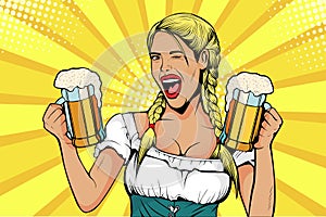 Pop art Germany Girl waitress carries beer glasses. Oktoberfest celebration.