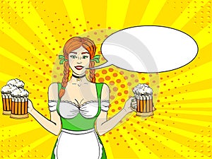 Pop art Germany Girl waitress carries five beer glasses. Concept oktoberfest. Comic book style imitation. Text bubble.