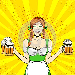 Pop art Germany Girl waitress carries five beer glasses. Concept oktoberfest. Comic book style imitation.