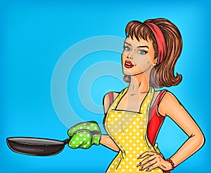 Pop art girl in an apron holding a frying pan.