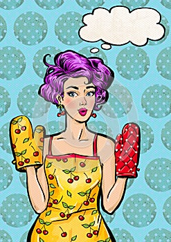 Pop Art girl in apron and oven mitts with the speech bubble.