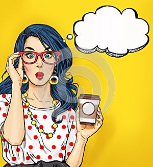 Pop Art girl with coffee cup in glasses with thought bubble. Party invitation. Birthday card. Hollywood, movie star. Comic woman. photo