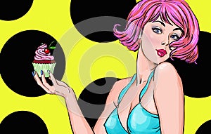 Pop Art girl with cupcake. Party invitation.