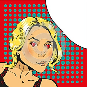Pop Art girl with hearts in eyes comic retro vector