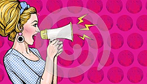 Pop art girl with megaphone. Woman with loudspeaker. Advertising poster with lady announcing discount or sale.