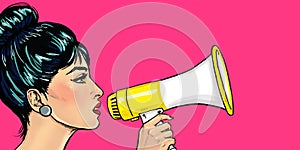 Pop art girl with megaphone. Woman with loudspeaker. Advertising poster with lady announcing discount or sale.