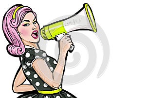 Pop art girl with megaphone. Woman with loudspeaker. photo