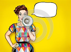 Pop art girl with megaphone. Woman with loudspeaker.