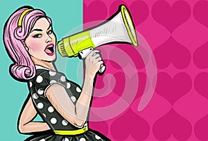 Pop art girl with megaphone. Woman with loudspeaker. Girl announcing discount or sale. Shopping time.