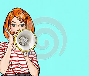 Pop art girl with megaphone. Woman with loudspeaker. Girl announcing discount or sale. Shopping time