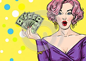 Pop Art girl with the money. Pop Art girl. Birthday greeting card. Hollywood movie star. Vintage advertising poster. Fashion woman