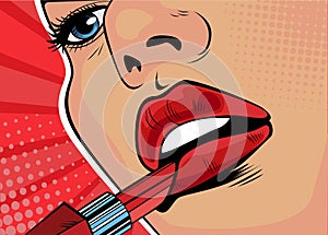 Pop art Girl paints her lips with red lipstick. The beauty of the face, makeup